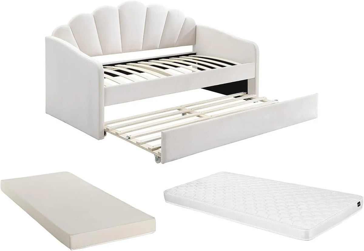 Lit Gigogne Enfant Coquillage avec Matelas 2x90x190 cm Velours Blanc - ELUSIA