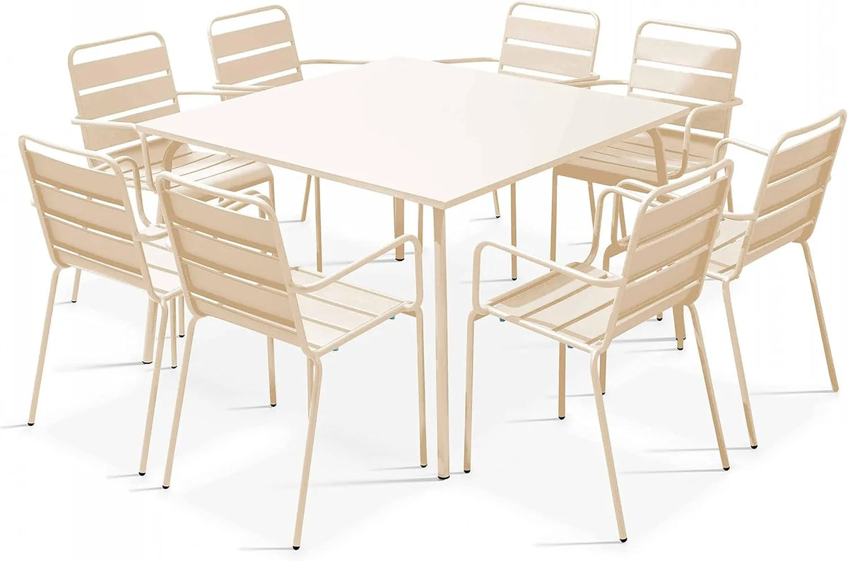 Ensemble de Jardin Carré avec 8 Chaises Métal Ivoire - Modèle Palavas
