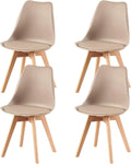 Ensemble de 4 Chaises Scandinaves avec Coussin en Cuir, Pieds en Bois Hêtre, Kaki Clair