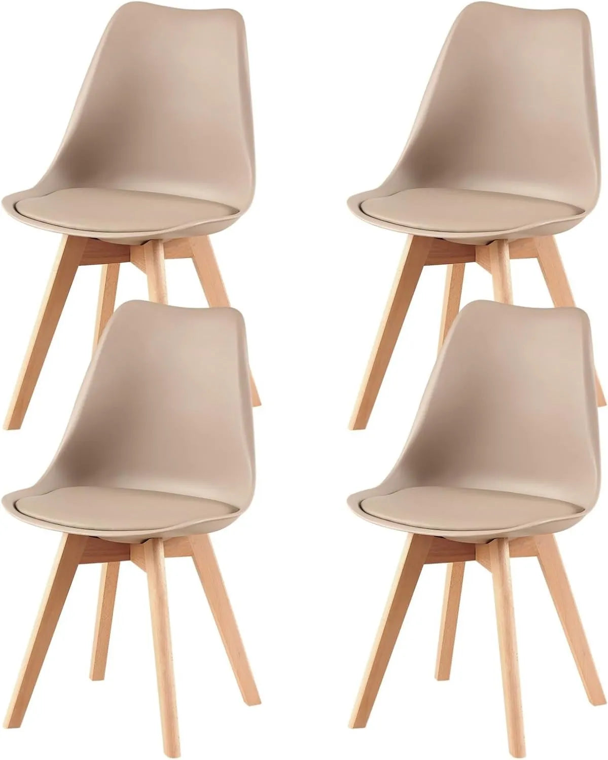 Ensemble de 4 Chaises Scandinaves avec Coussin en Cuir, Pieds en Bois Hêtre, Kaki Clair