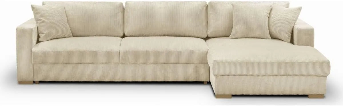 Grand canapé d'angle en velours beige 5 places convertible - Modèle Robin