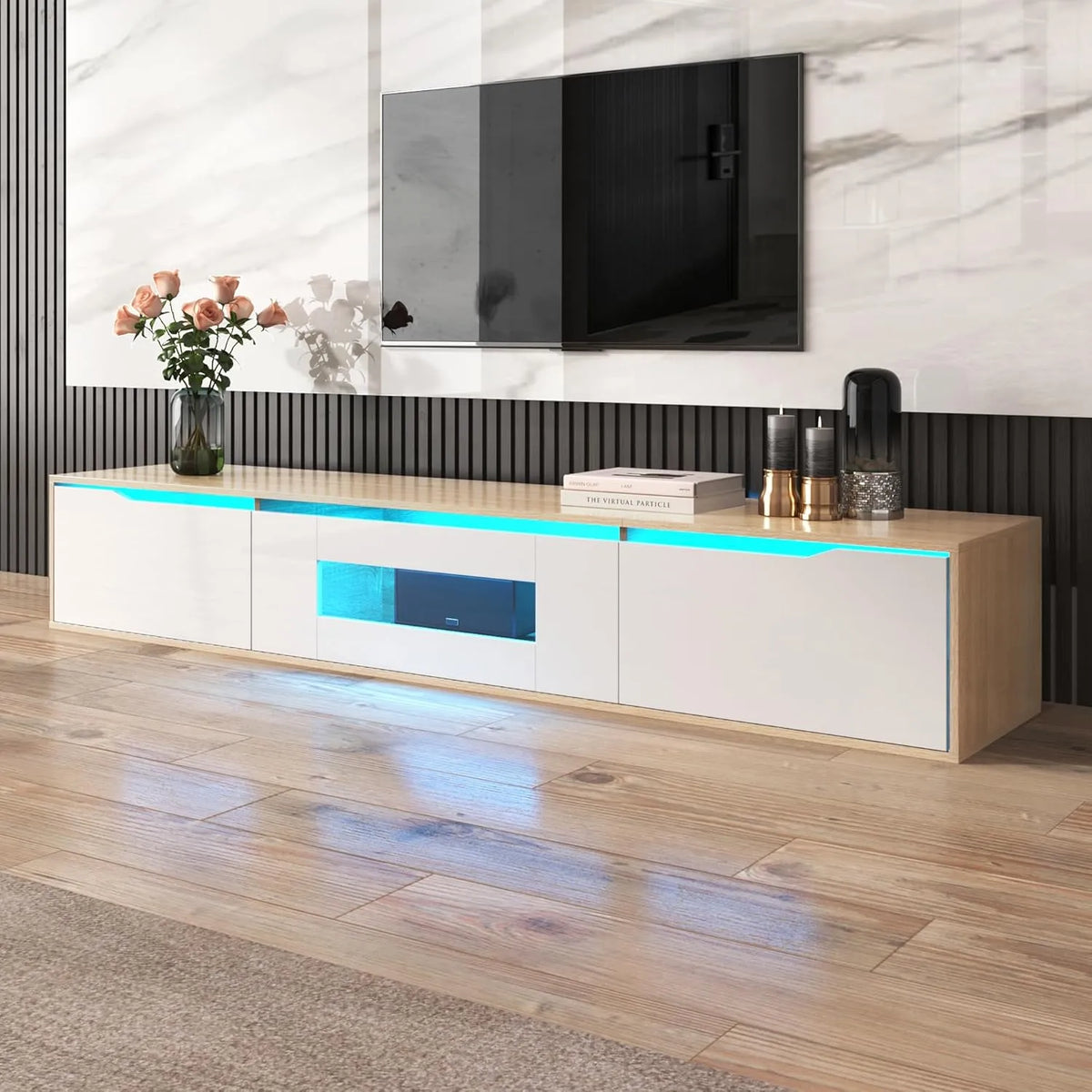 Meuble TV avec LED Multicolores, Finition Brillante et Effet Bois, 180 x 30 x 35 cm