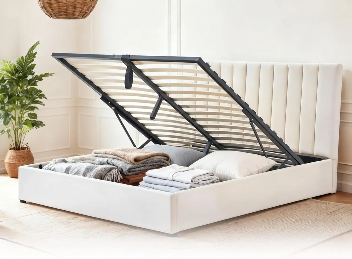 Lit Double avec Coffre 160x200, Velours Beige, Sommier Inclus