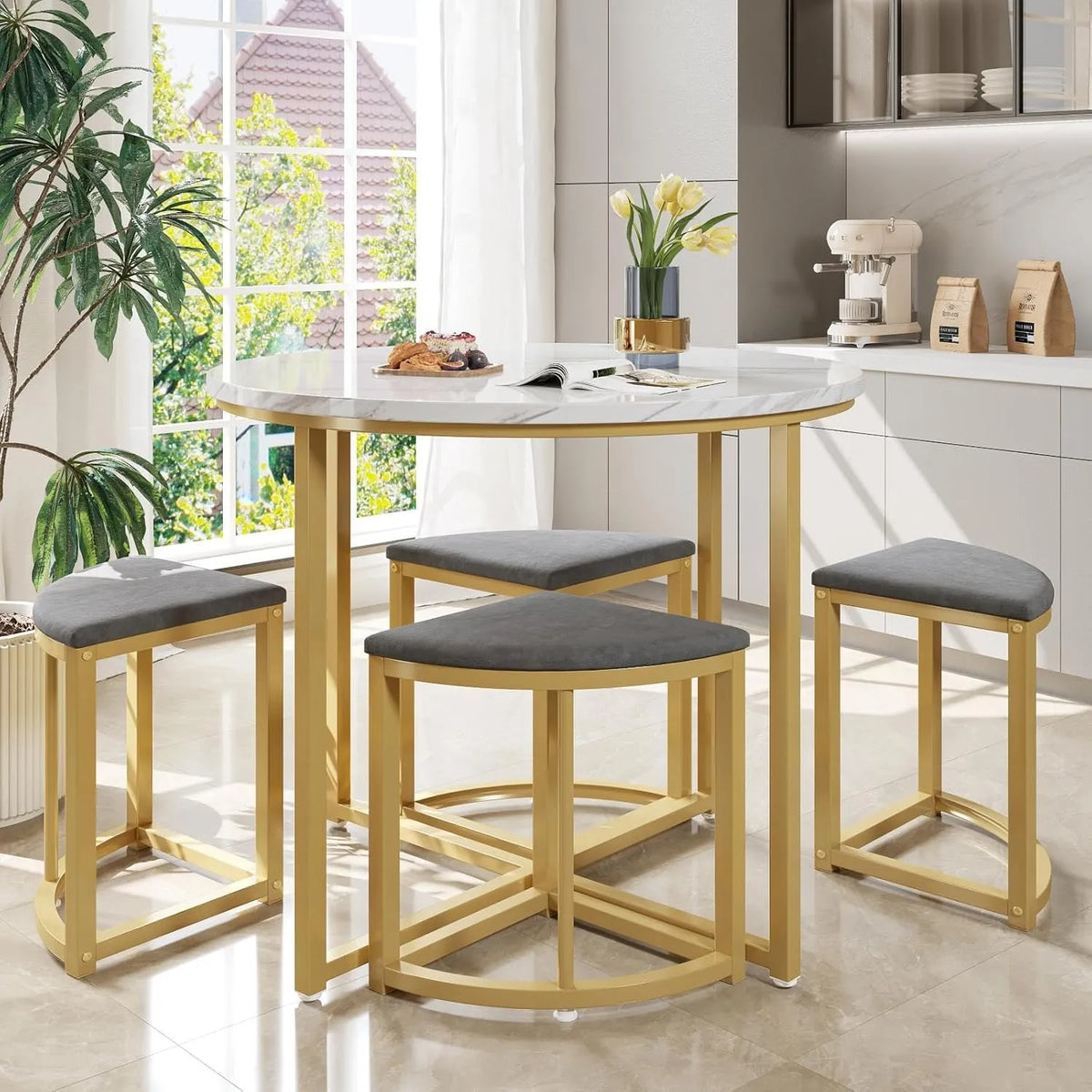 Table et Chaises de Salle à Manger Moderne 5 Pièces - Métal et Tissu - Gris