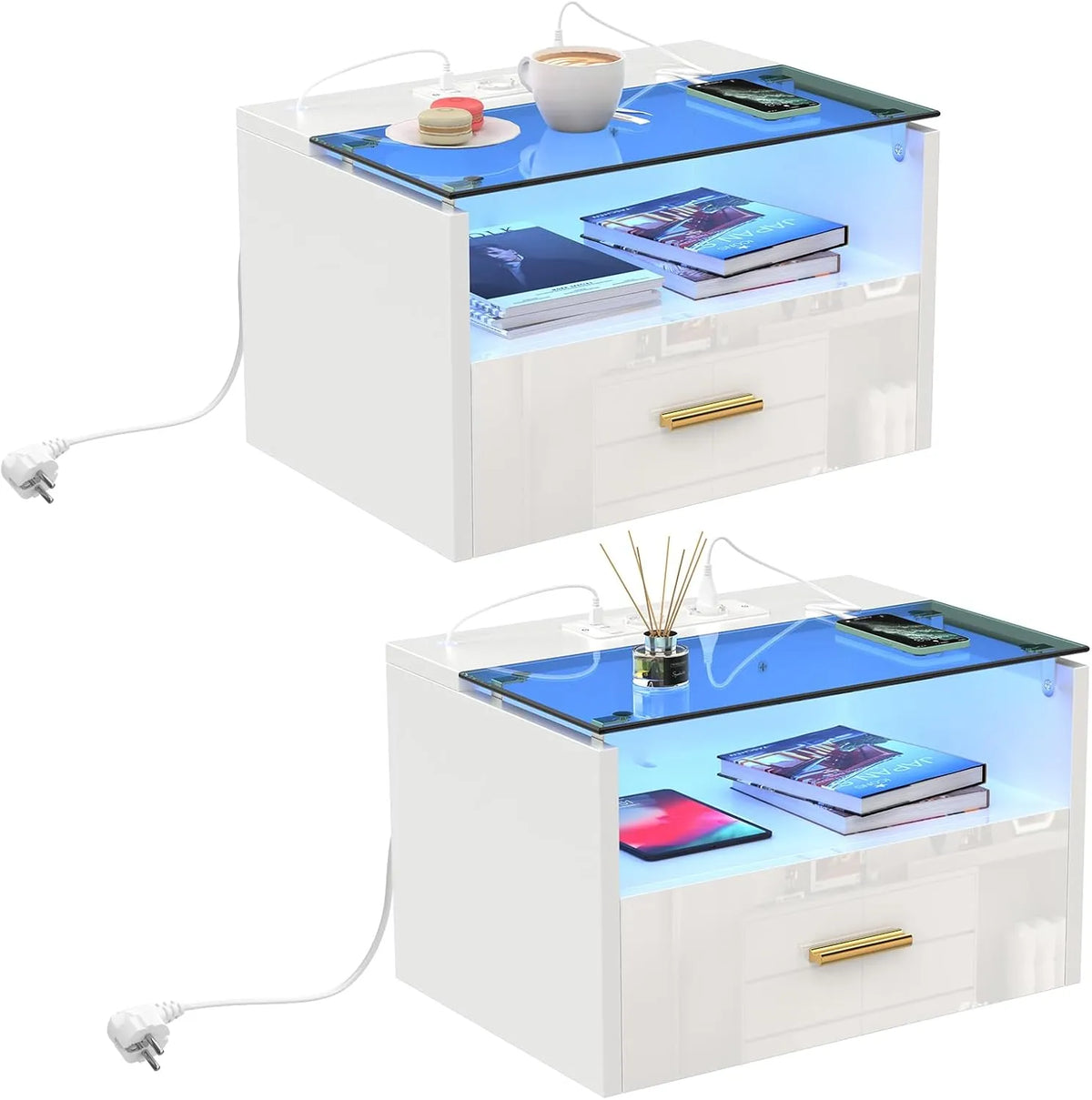 Ensemble de Tables de Chevet Murales avec LED et Ports USB, Blanc 42x30x24.5 cm
