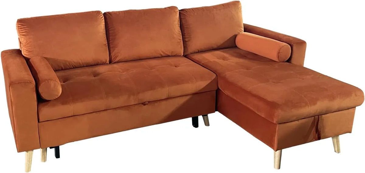 Canapé d'angle 3 places convertible en velours terracotta avec méridienne réversible et rangement