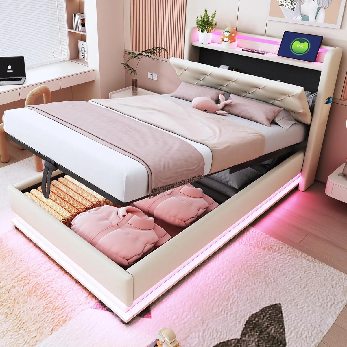 Lit Coffre 90x200 avec LED et Port USB, Rangement, Tête Réglable et Cadre Rembourré - Enfant Simple