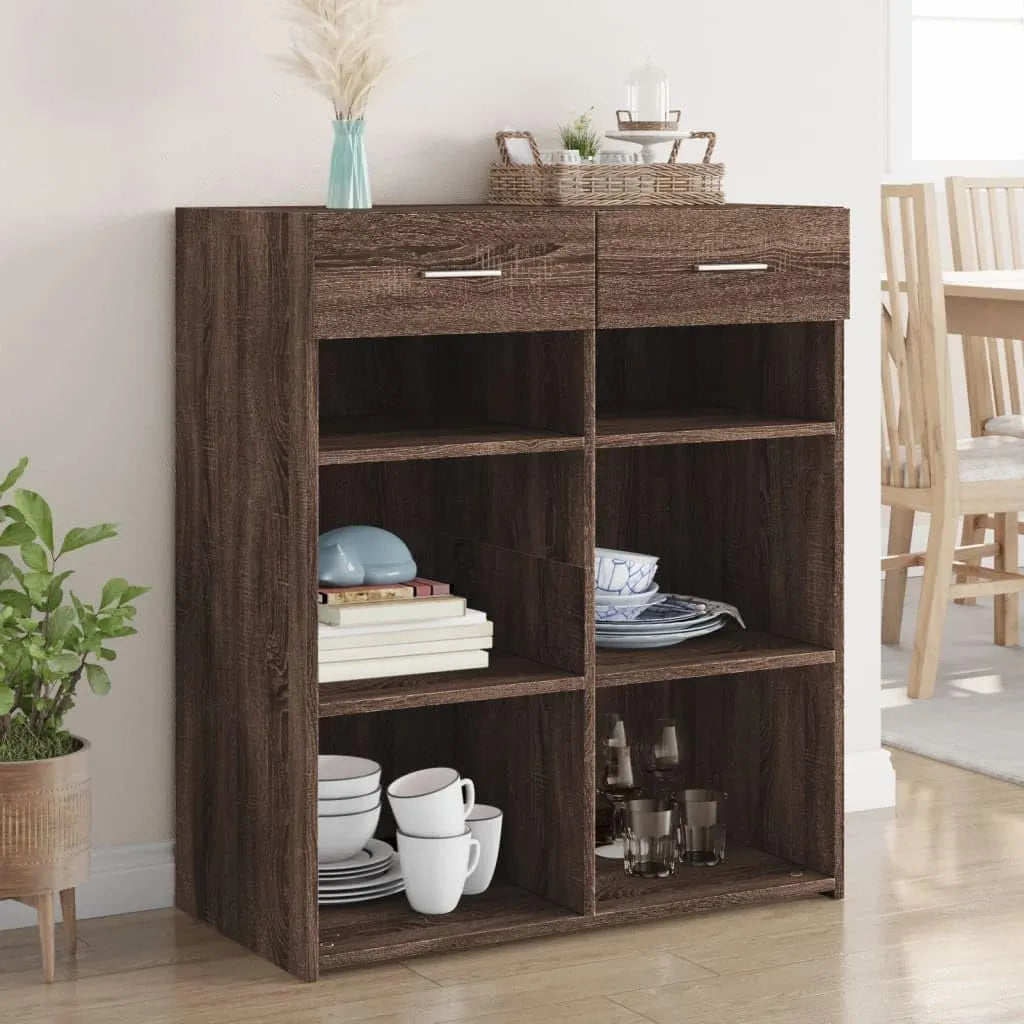 Buffet en Chêne Marron pour Salle à Manger - 80x42.5x93 cm, Rangement Élégant avec 4 Portes et 2 Tiroirs, Design Moderne