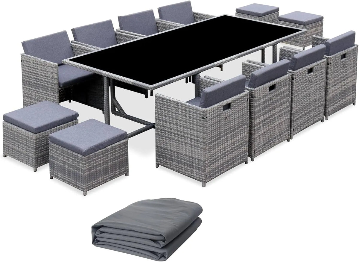 Ensemble de Salle à Manger Extérieure Résine Tressée - 12 Places avec Coussins Gris