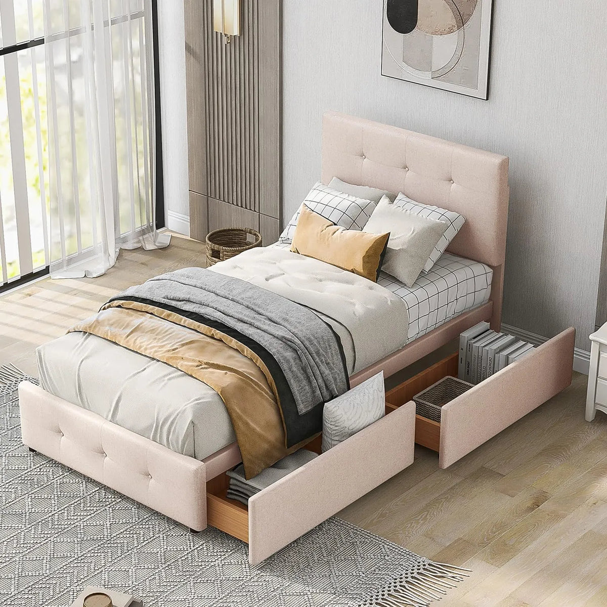 Lit simple 90x200 cm en velours beige avec sommier à lattes et tiroirs