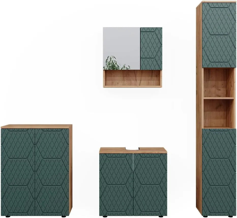 Ensemble de Meubles de Salle de Bain Vicco Irma, Chêne Doré et Vert, 4 Pièces avec Armoire Haute et Commode