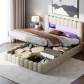 Lit Coffre 140x200 avec LED et Port USB, Lit Double Rembourré avec Tête et Sommier à Lattes, Cadre pour Adultes et Ados, Tissu Lin Beige, Sans Matelas