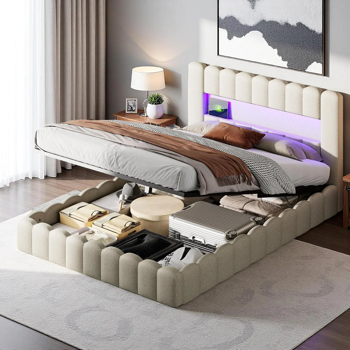 Lit Coffre 140x200 avec LED et Port USB, Lit Double Rembourré avec Tête et Sommier à Lattes, Cadre pour Adultes et Ados, Tissu Lin Beige, Sans Matelas