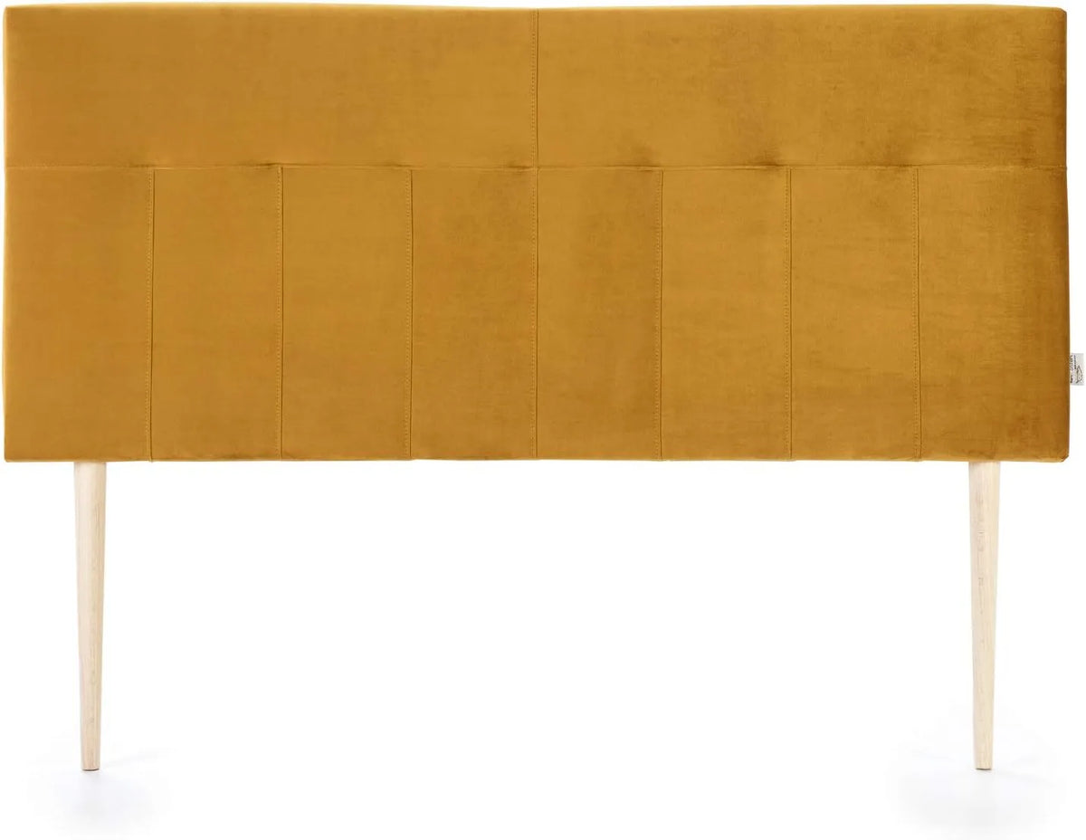 Tête de lit en velours moutarde 160x100 cm avec pieds en bois pour lit double, quincaillerie incluse