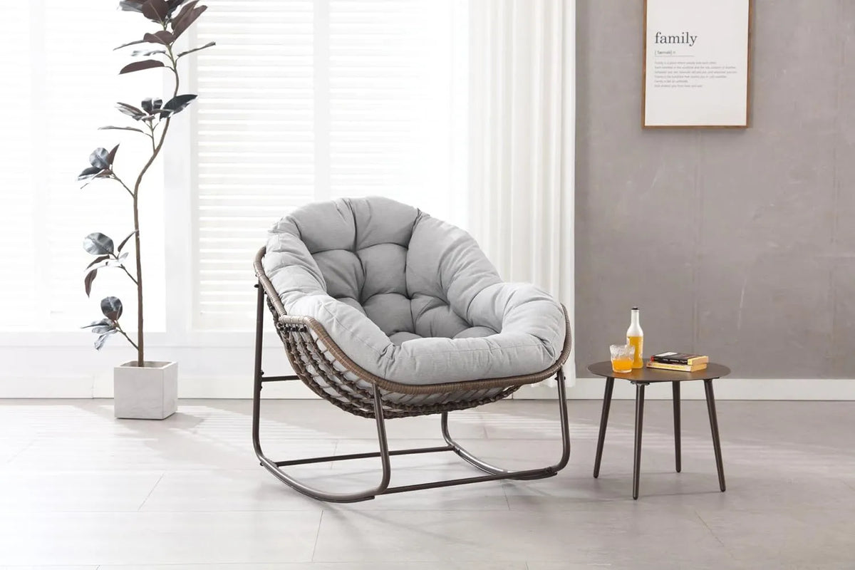 Chaise à Bascule de Jardin en Rotin et Acier avec Coussins Épais - Capacité 136 kg, Montage Facile - Gris Clair