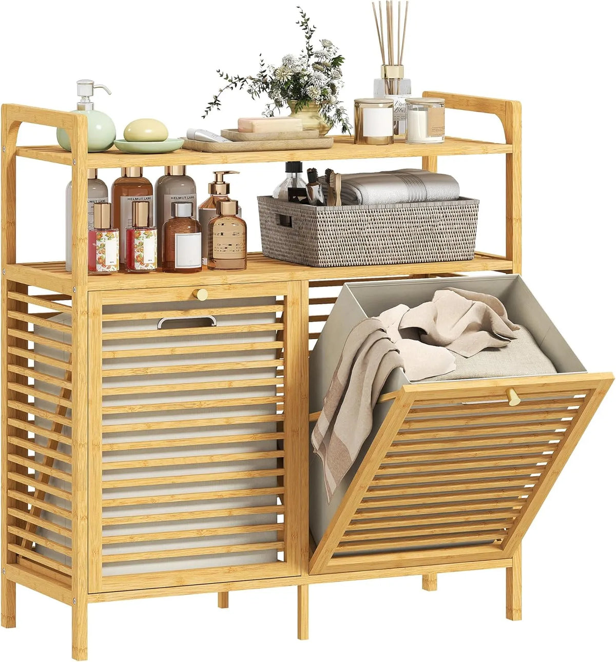 Armoire de Salle de Bain en Bambou avec Paniers Amovibles et Étagères