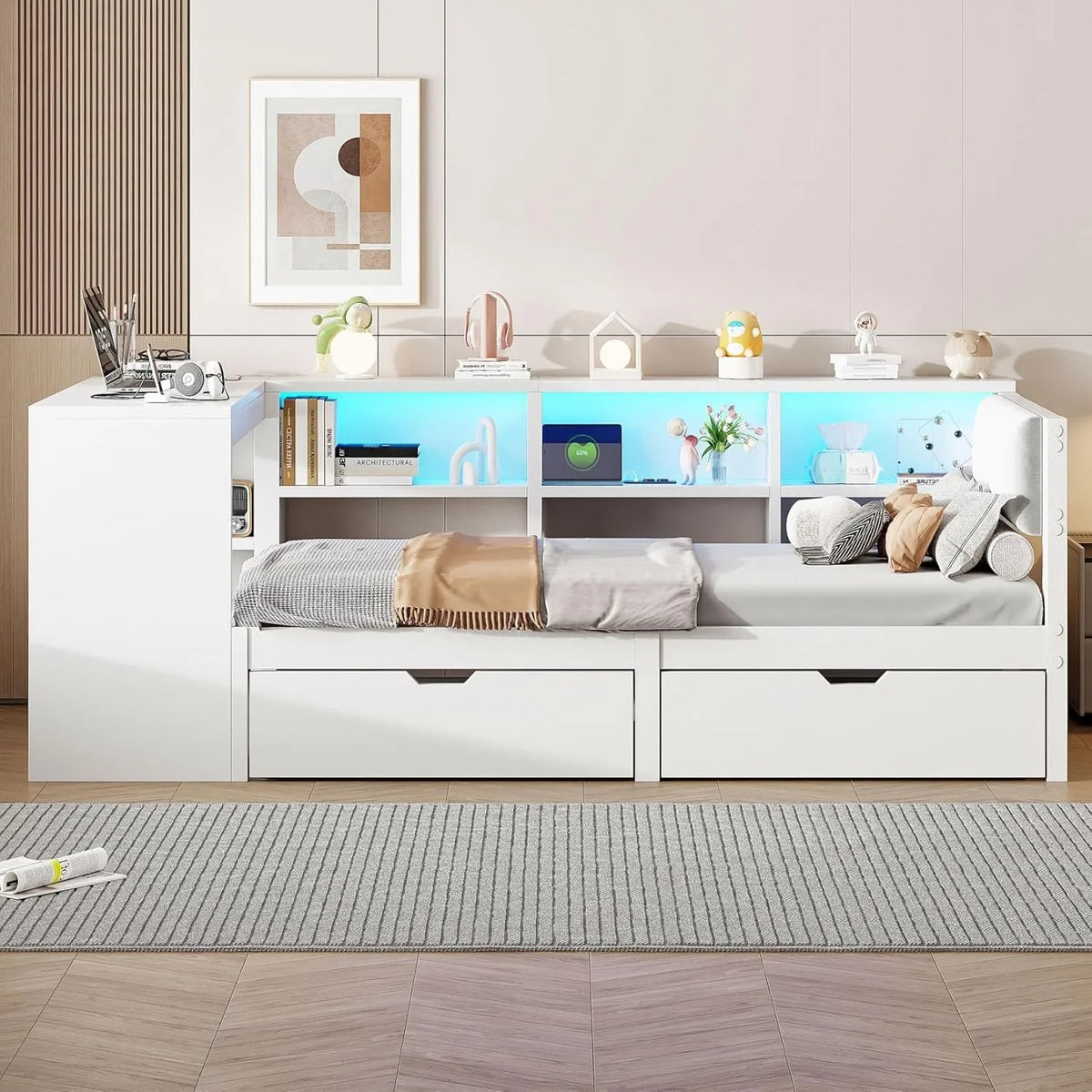 Lit Multifonctionnel 90x200 cm avec Bureau, Espace de Rangement et Éclairage LED