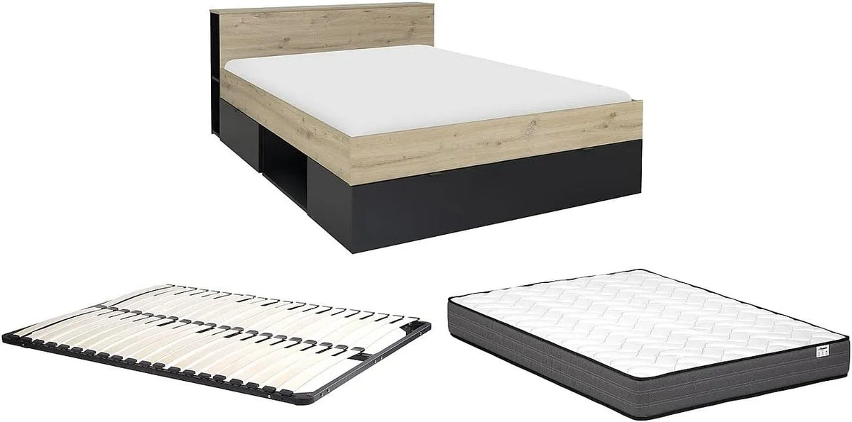 Lit double 140x190 cm avec rangements - Style Naturel et Noir - Sommier inclus