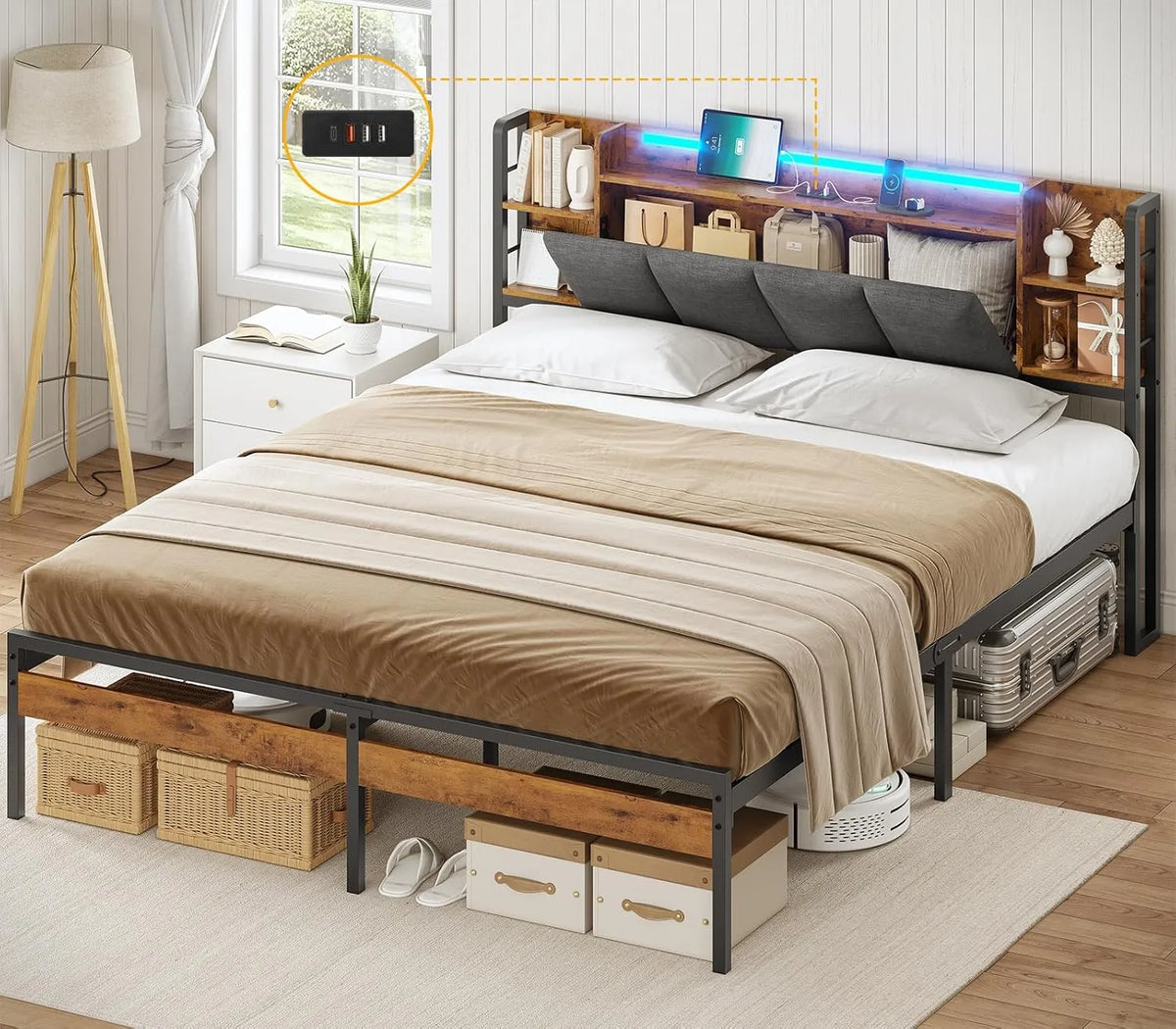 Lit 160x200 avec Sommier LED Réglable et Rangement, 5 Compartiments Ouverts et 1 Caché, Multiprise Intégrée