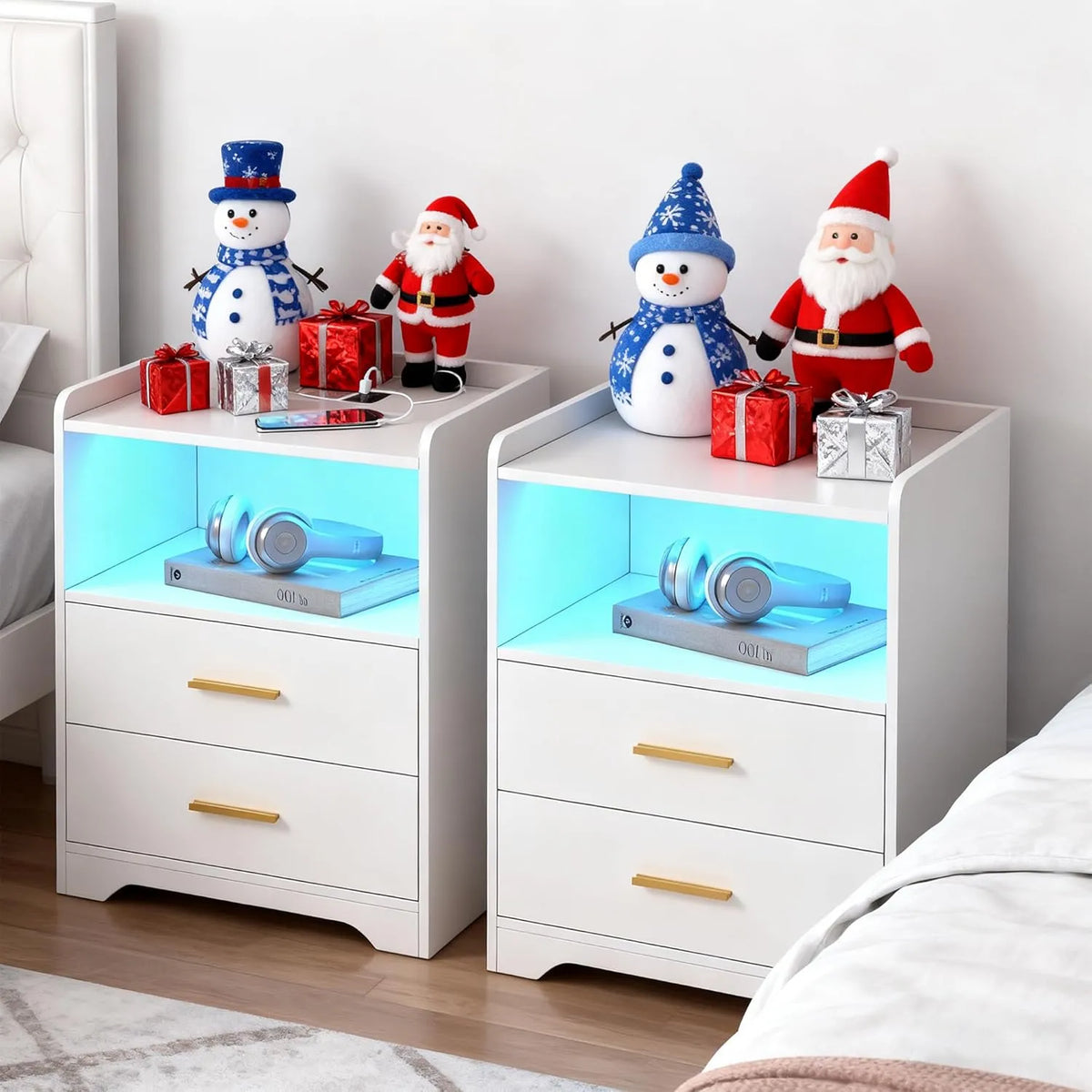 Table de Nuit LED avec Chargeur et 2 Tiroirs, 24 Couleurs, Ports USB/Type-C, Lot de 2, Blanche