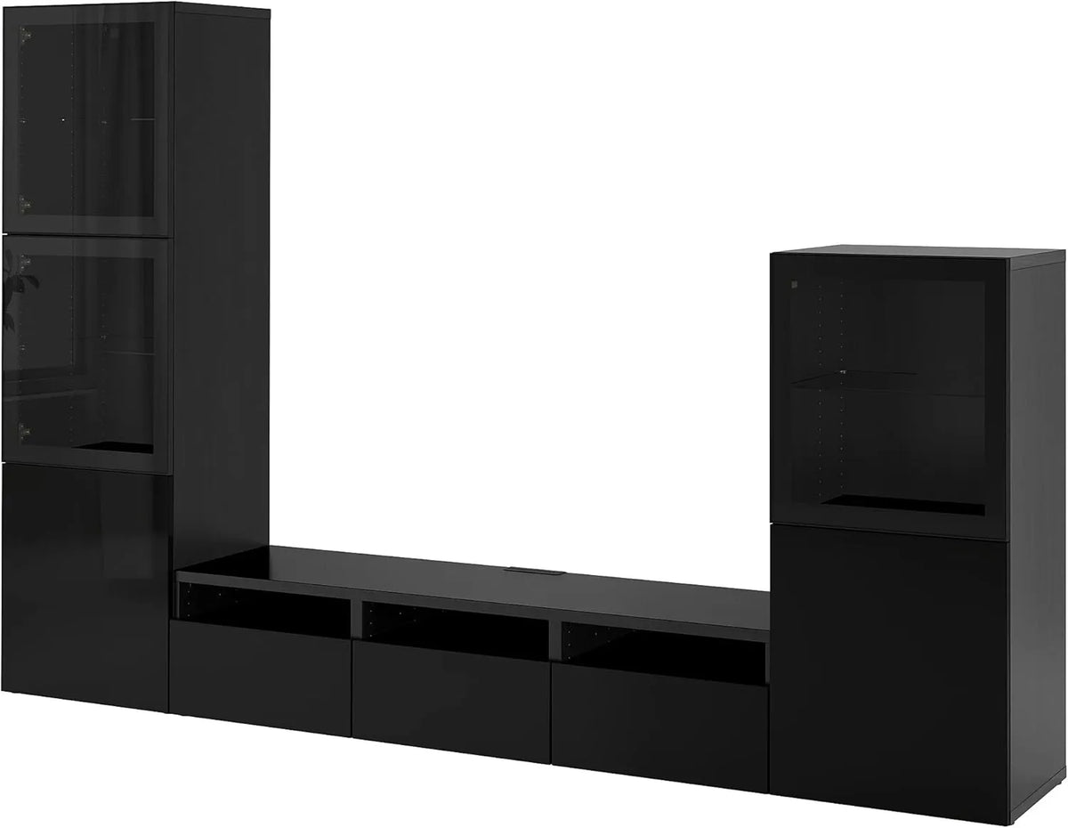 Meuble TV de Rangement IKEA BESTÅ avec Portes en Verre, 300 x 42 x 193 cm, Noir/Marron et Selsviken Brillant