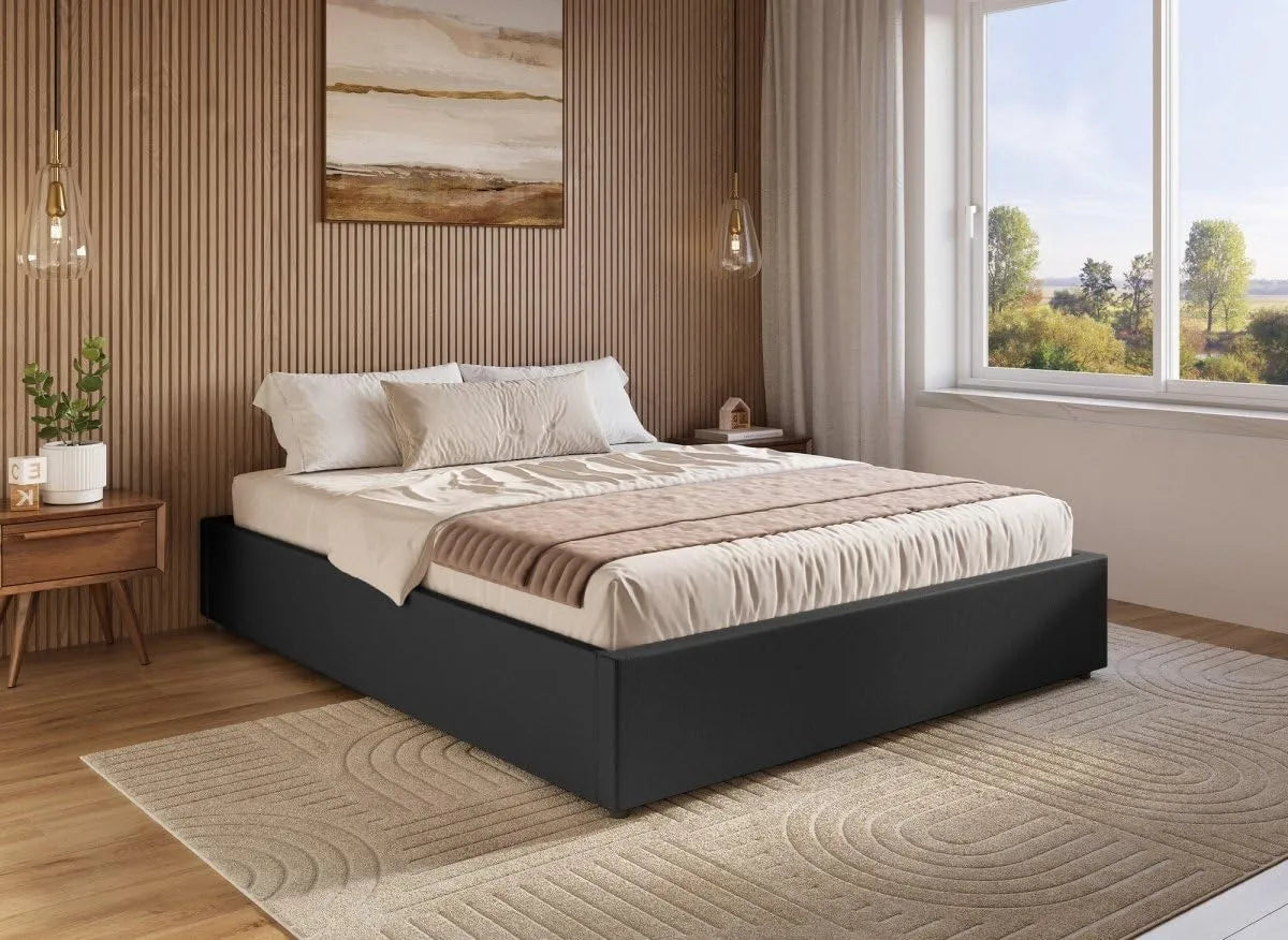 Lit Coffre en Simili Cuir Noir 180x200 cm avec Sommier Relevable - DecoInParis