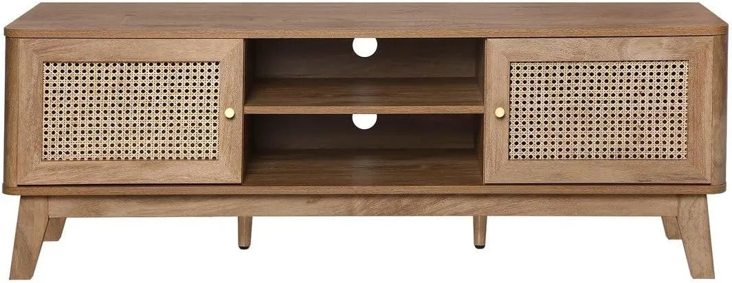 Meuble TV Exotique en Rotin avec Niches et Portes - Bois Clair - 140x39x49 cm