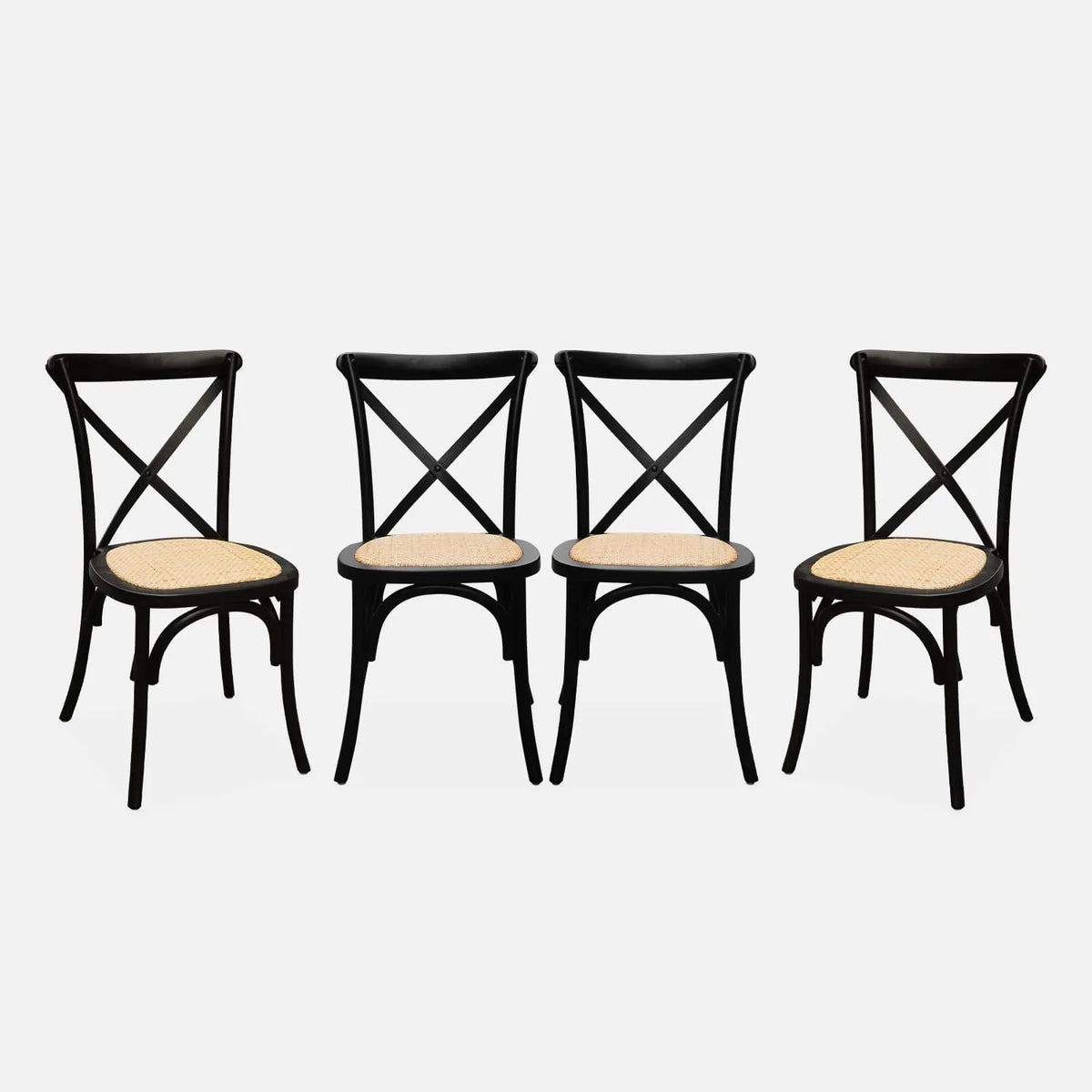 Ensemble de 4 chaises vintage en bois d'hévéa noir avec assise en rotin empilables