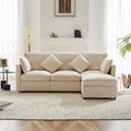 Canapé d'angle modulable en tissu chenille beige avec repose-pieds, idéal pour salon moderne