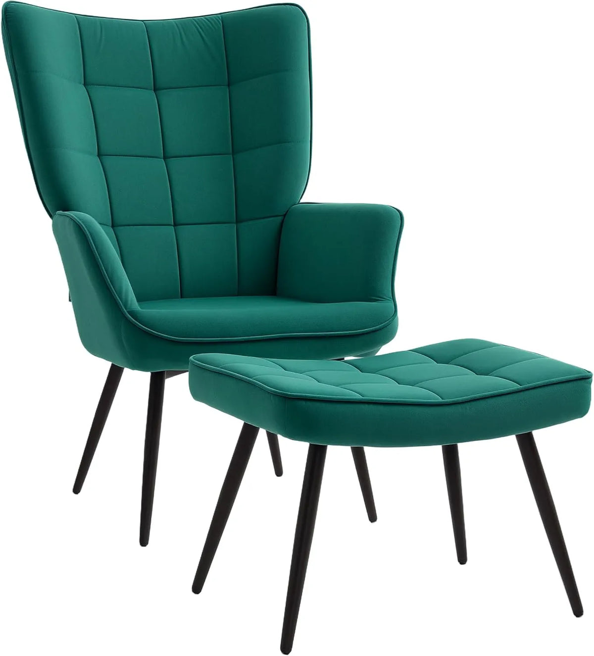 Fauteuil Relax Scandinave avec Pouf en Velours Vert et Pieds Métal Noir