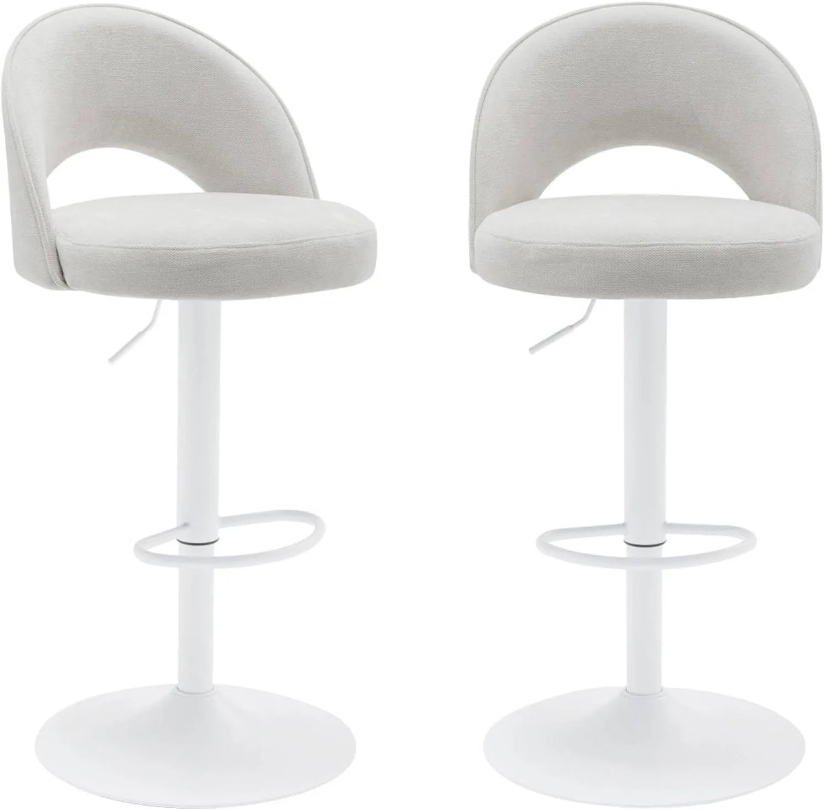 Sweeek - Ensemble de 2 Tabourets de Bar Réglables en Métal et Tissu Blanc cassé, Pieds Blancs - Dimensions 49 x 49 x 88.5-110cm - Modèle Abby