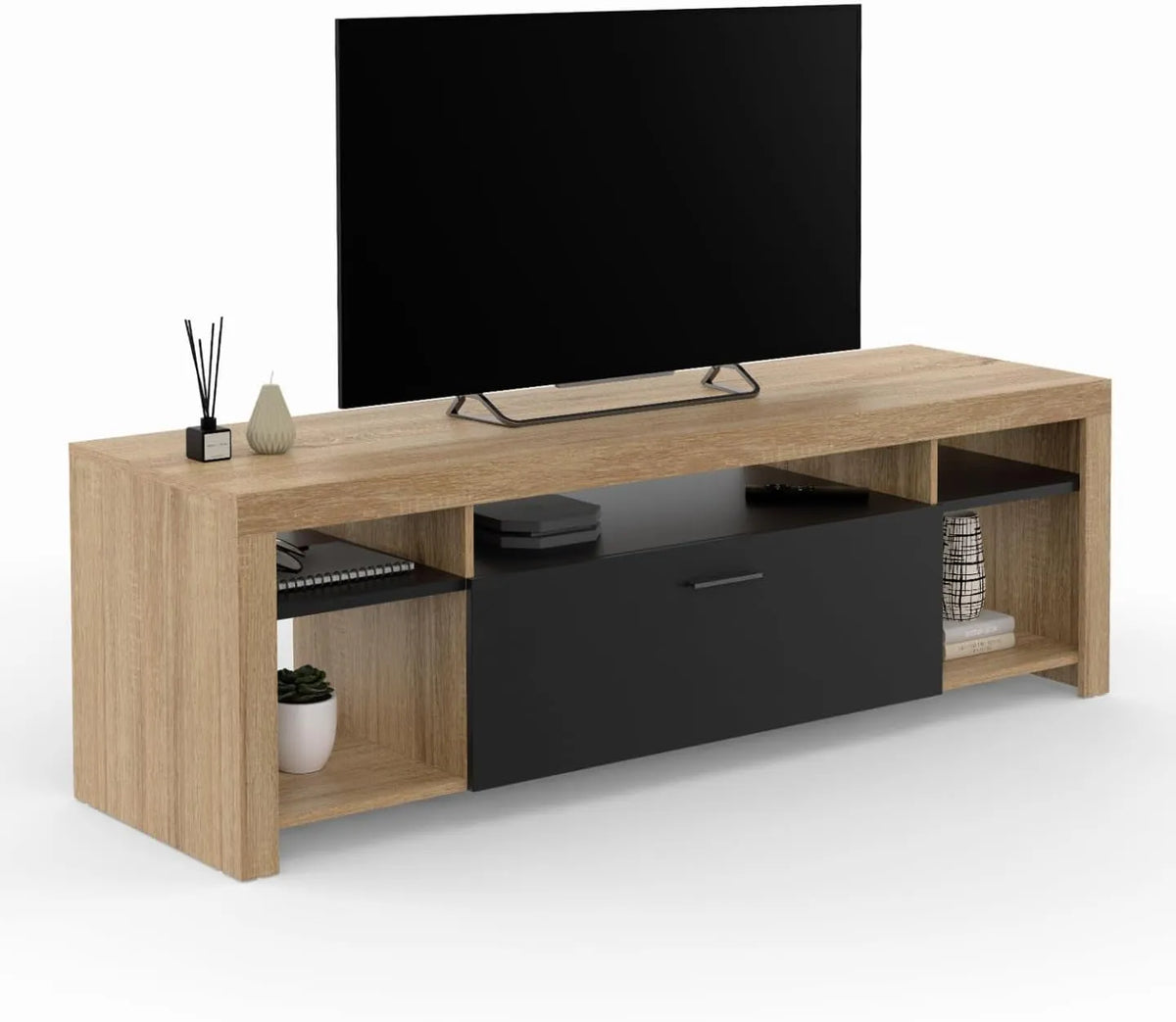Meuble TV Malo 140 cm en Bois avec Portes Noires
