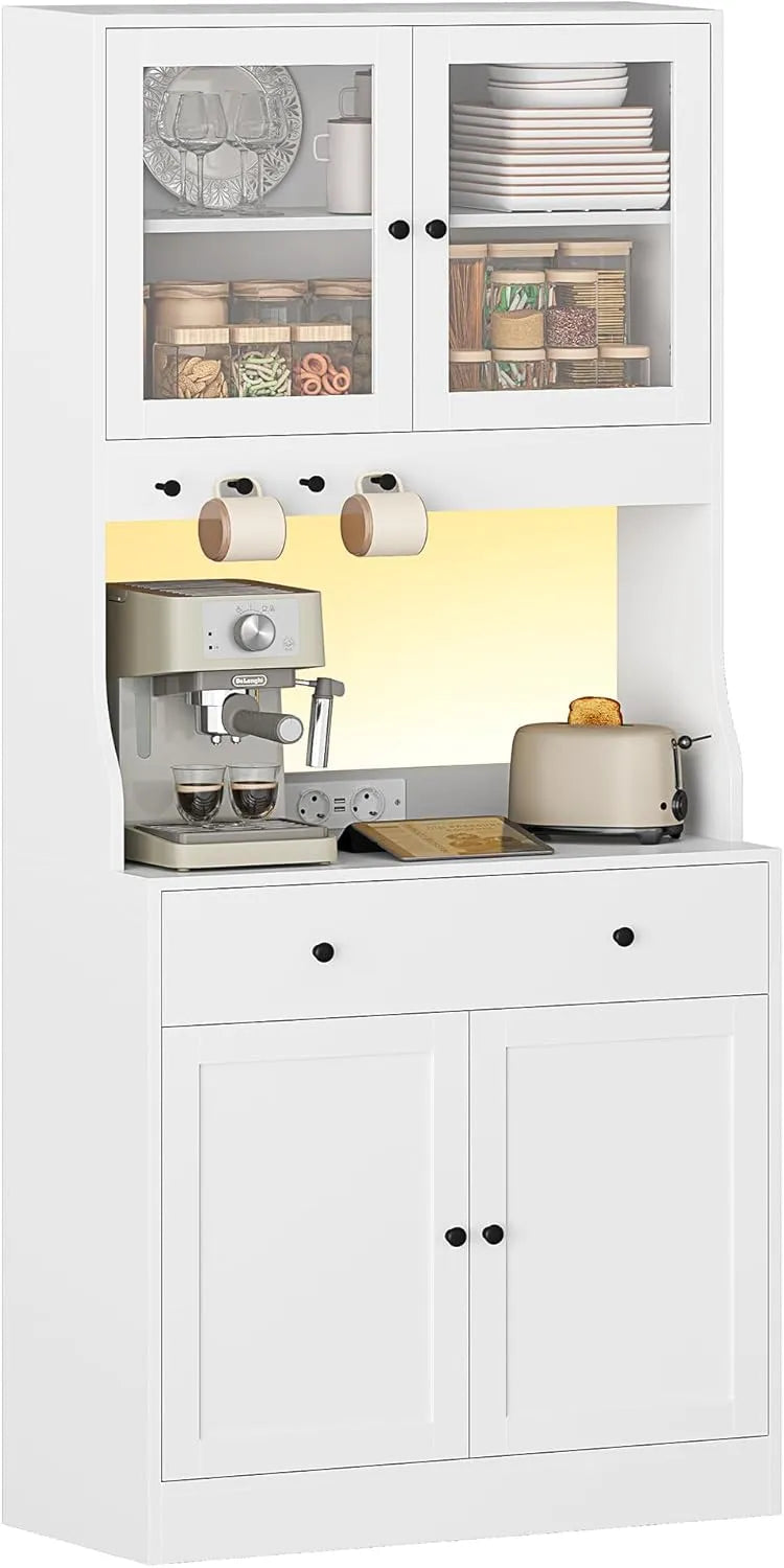 Buffet de Cuisine Équipé LED et Prise, Espace de Rangement avec Compartiments Fermés, Tiroir Organisé, Crochets et Étagères Ajustables, Meuble Blanc pour Salle à Manger
