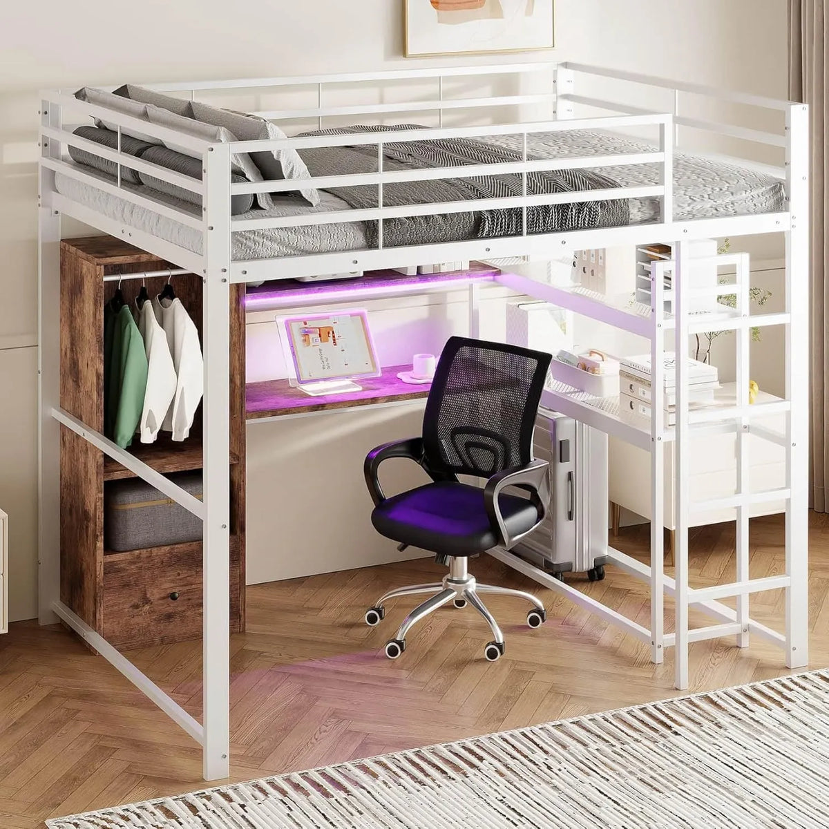 Lit mezzanine multifonction 140x200 cm pour enfant et adulte avec bureau intégré, armoire et LED