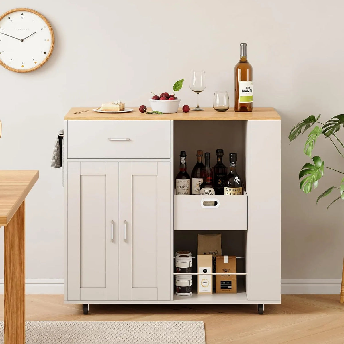 Îlot de Cuisine Portable avec Espace de Rangement, Chariot de Service à Roulettes et Tiroirs, Meuble Compact de Cuisine Blanc