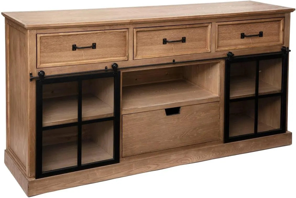 Buffet En Bois et Métal Noir avec Portes Vitrées - 160 cm, 4 Tiroirs