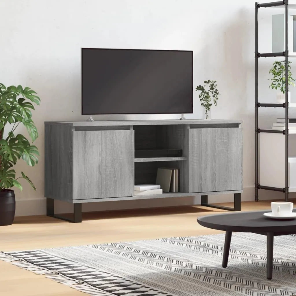 Meuble TV moderne en bois gris avec compartiments - Pieds en fer - 104 x 35 x 50 cm