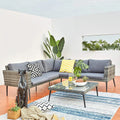 Ensemble de Salon de Jardin 5 Places en Résine Tressée Gris Moderne avec Canapés et Table en Verre Trempé