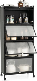 Meuble de Cuisine 5 Niveaux avec Portes et Roulettes, Étagère à Micro-Ondes, Noir, 60 x 32 x 154 cm