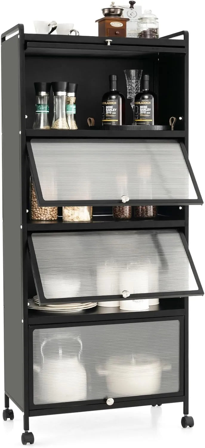 Meuble de Cuisine 5 Niveaux avec Portes et Roulettes, Étagère à Micro-Ondes, Noir, 60 x 32 x 154 cm