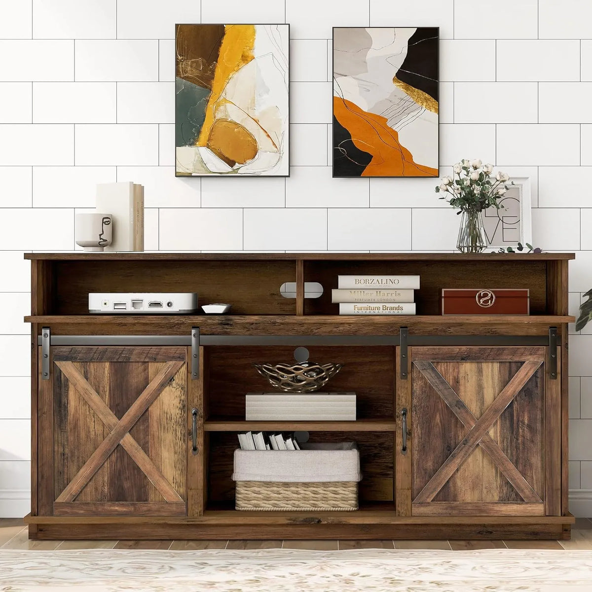 Buffet TV Rustique Brun avec Portes Coulissantes et Étagères Réglables, 150x40x78cm, Charge 100kg