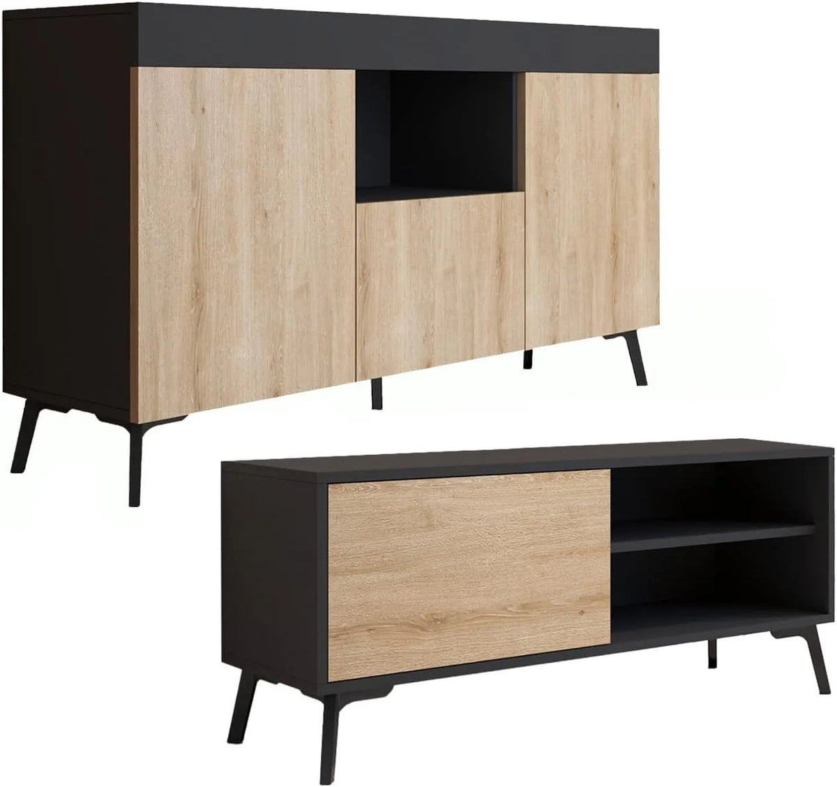 MB Muebles Bonitos, Ensemble de Salon Kai avec Buffet et Meuble TV, Design Contemporain, Finition Noire et Sonoma