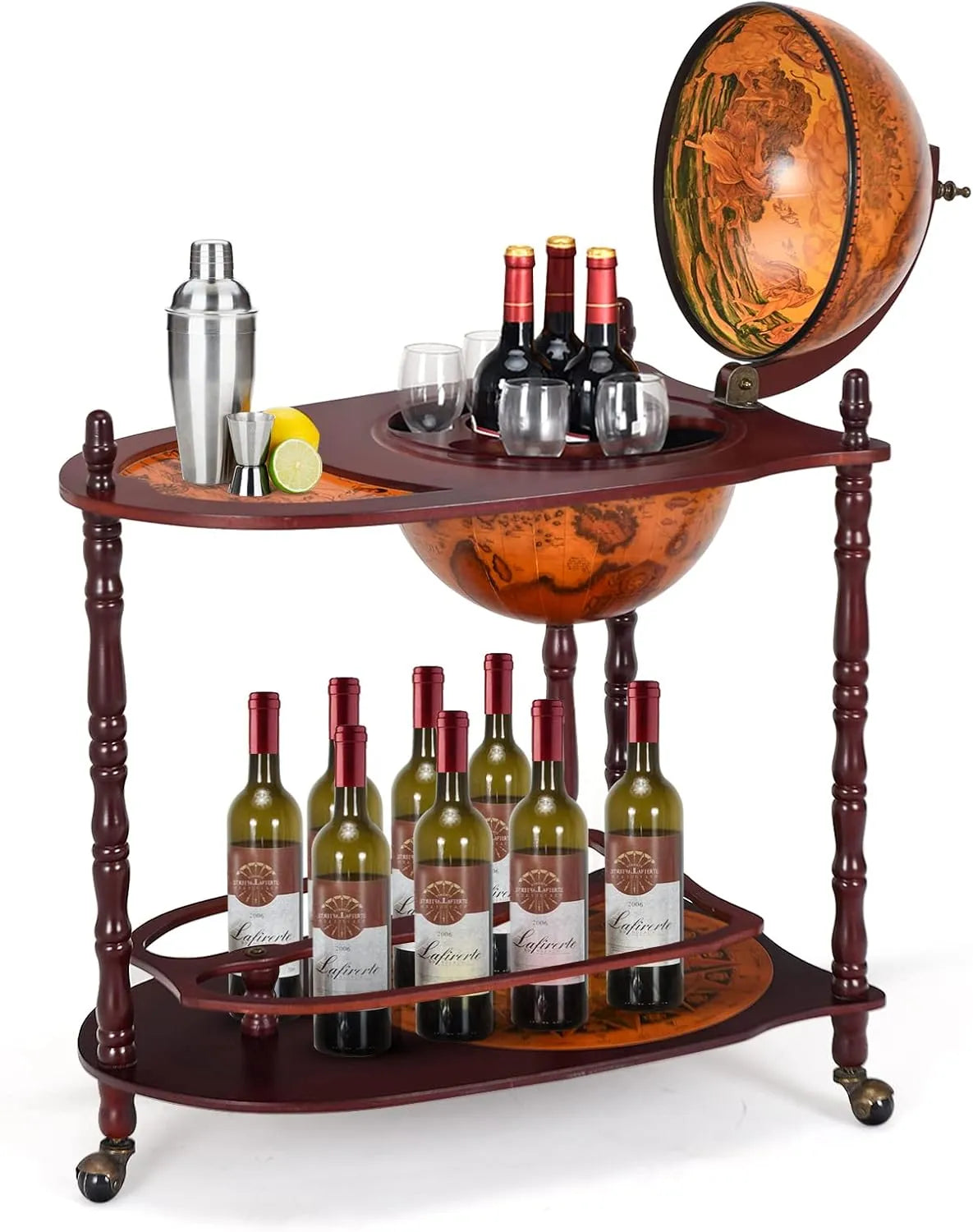 Chariot de Bar Globe en Bois avec Porte-bouteilles à Roulettes, Minibar 2 Niveaux pour Restaurant et Fête, Marron 70x45x88 cm