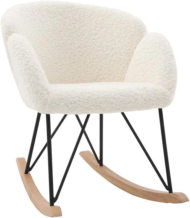 Fauteuil à Bascule Tissu Effet Laine Blanche Pieds Noir et Bois