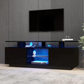 Meuble TV LED avec Étagères en Verre pour Écran jusqu'à 60 Pouces, Noir 140x35x55 cm