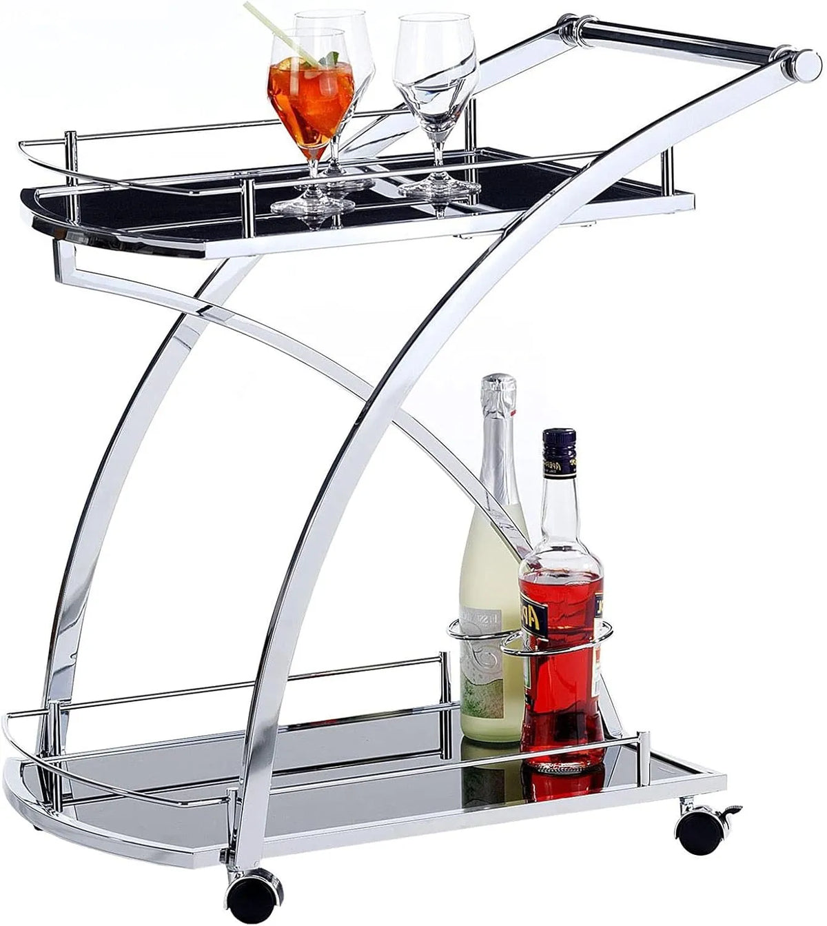 Chariot de Service à Roulettes avec Plateaux en Verre Noir et Porte-Bouteilles