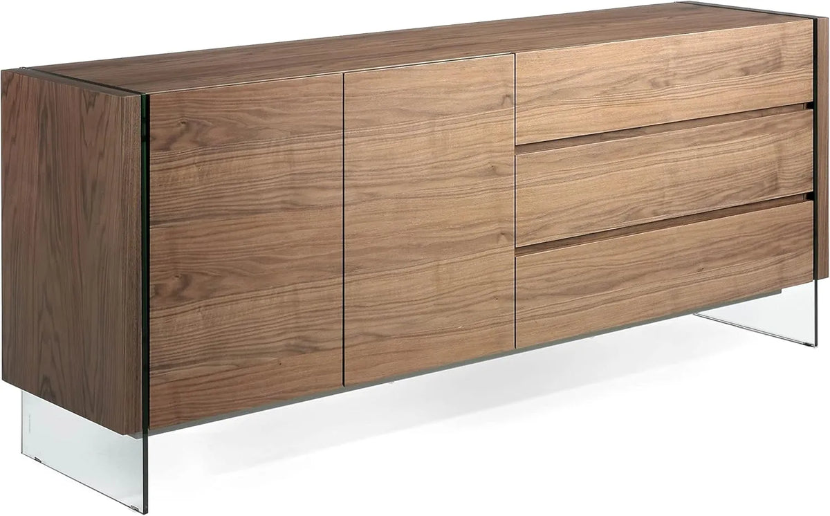 Buffet Moderne en Noyer avec Pieds en Verre - 2 Portes et 3 Tiroirs - Grand Meuble de Rangement pour Salon