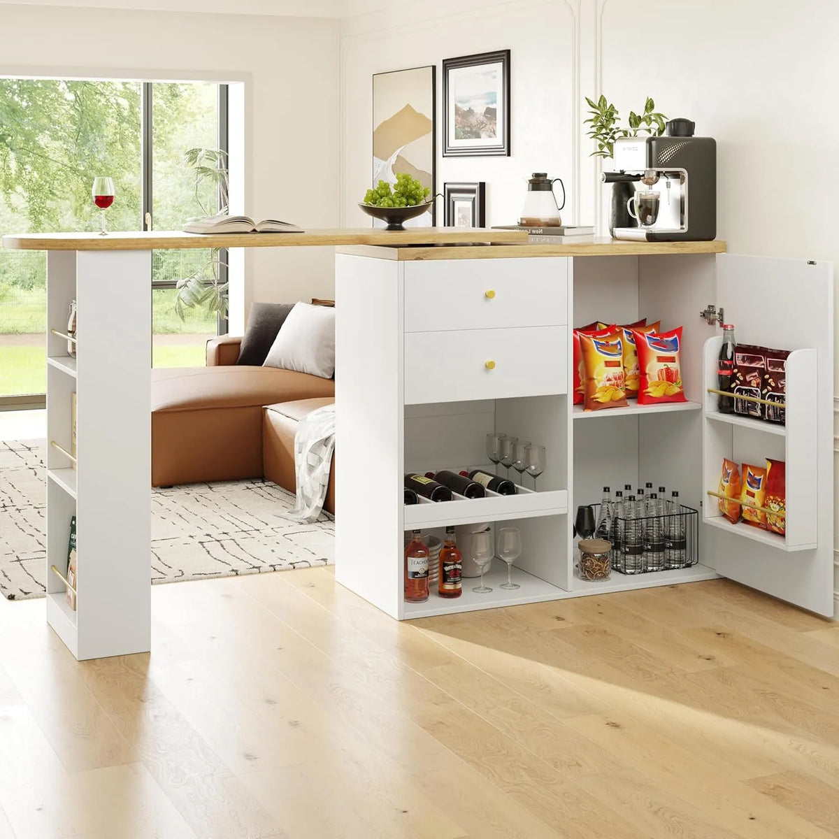Table de bar extensible avec rangement et structure pivotante à 360°, 2 tiroirs, portes coulissantes et étagères ouvertes Merax
