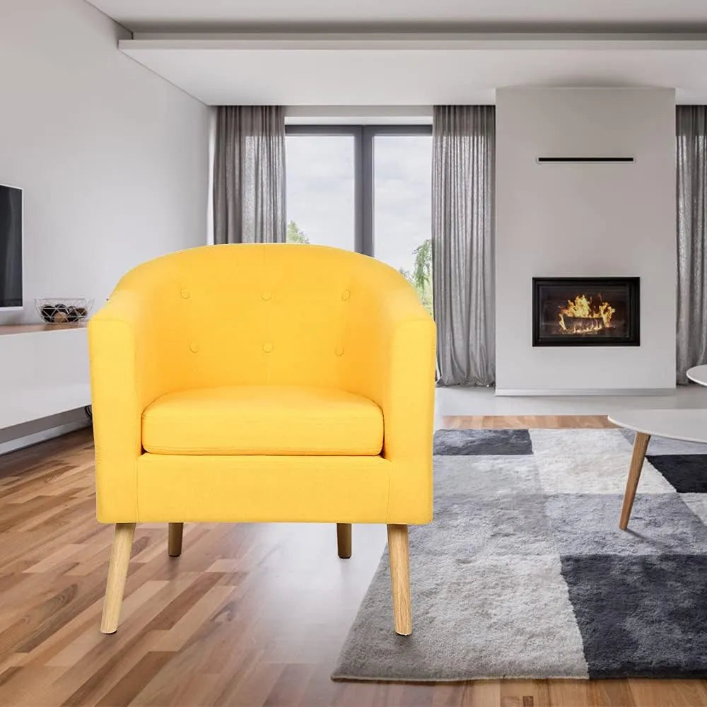 Fauteuil Crapaud Moderne en Lin Jaune avec Accoudoirs, Pieds en Hêtre, Charge 135 kg