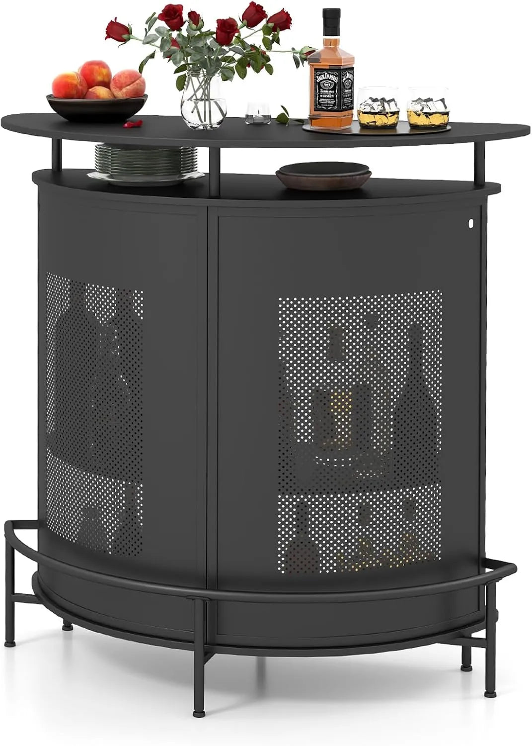 Table de Bar Semi-Circulaire Noire avec Cadre Métallique, Étagères Ouvertes et Porte-Bouteilles pour Cuisine et Salle à Manger
